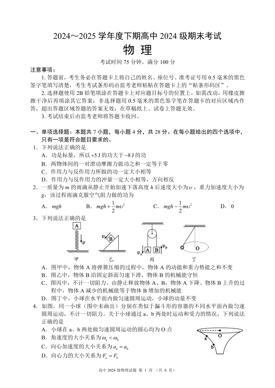 2024～2025学年度下期高中2024级期末考试物理试题（6页）.pdf_第1页