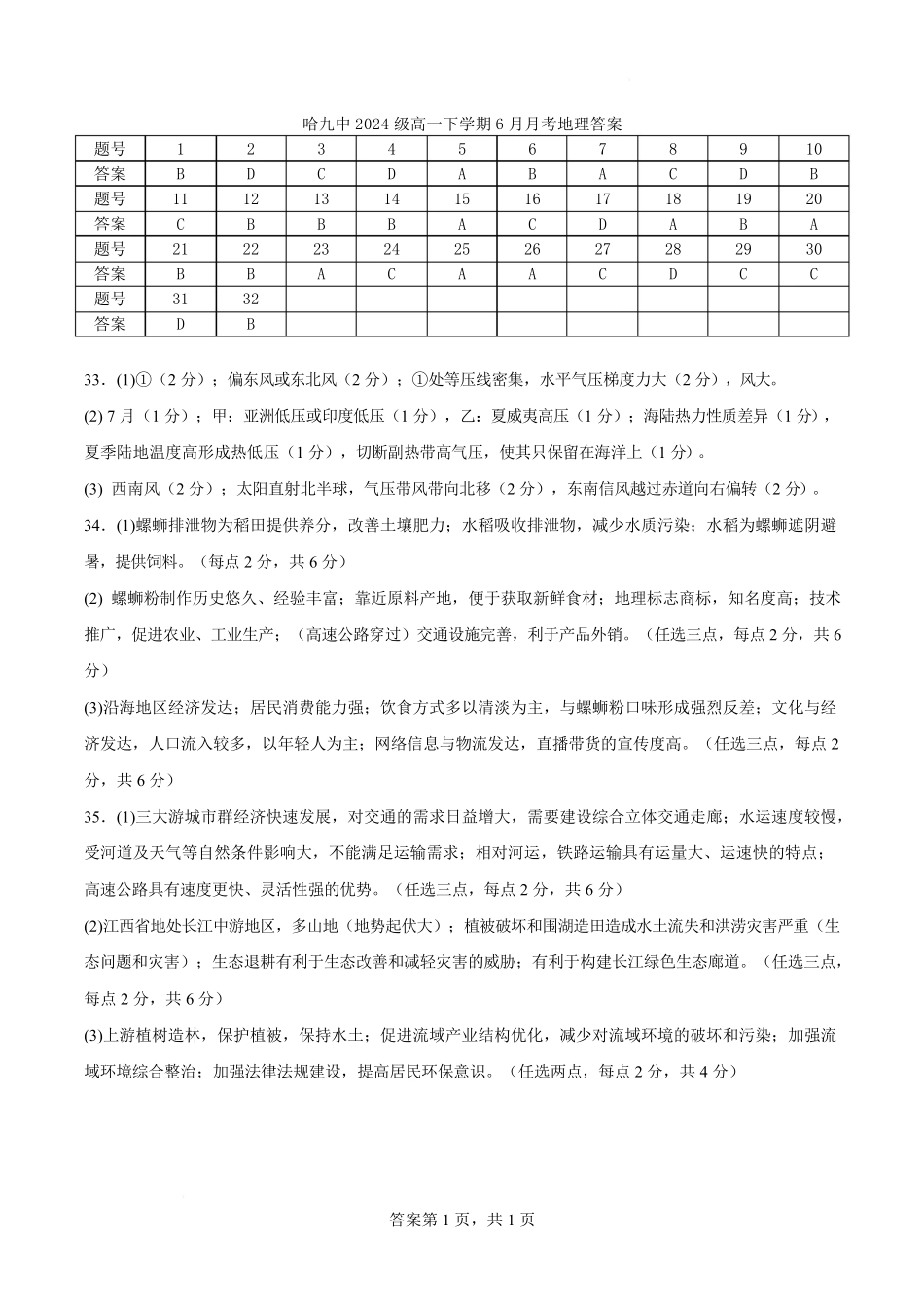 地理试卷答案【黑龙江名校】【黑吉辽蒙卷】【高一】黑龙江省哈九中2024级（2027届）高一下学期6月月考（6.18-6.19）.pdf_第1页