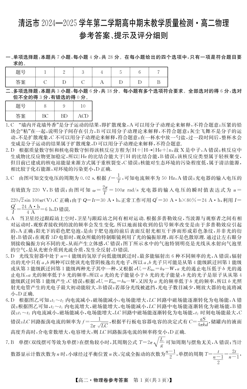 金太阳广东省清远市2024-2025学年第二学期高二期末教学质检5466B物理答案.pdf_第1页