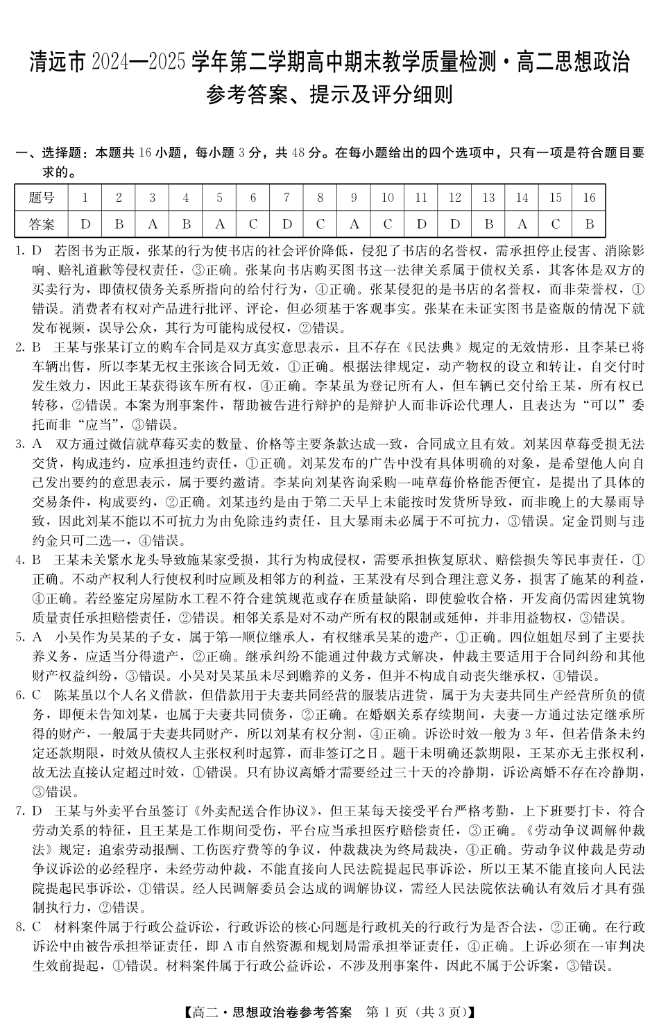 金太阳广东省清远市2024-2025学年第二学期高二期末教学质检5466B政治答案.pdf_第1页
