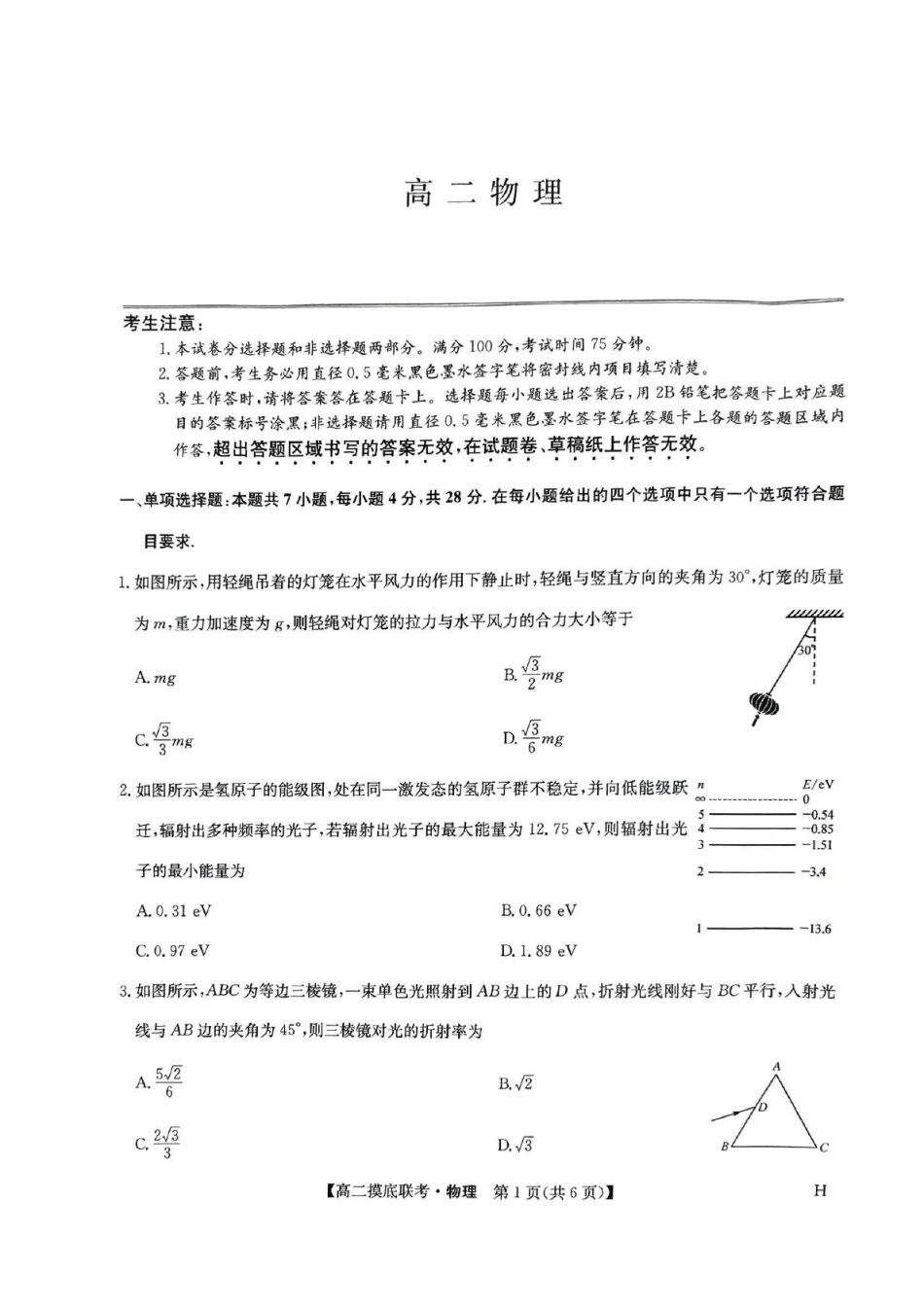 九师联盟2024-2025学年高二下学期6月摸底联考物理试题（含答案）.pdf_第1页