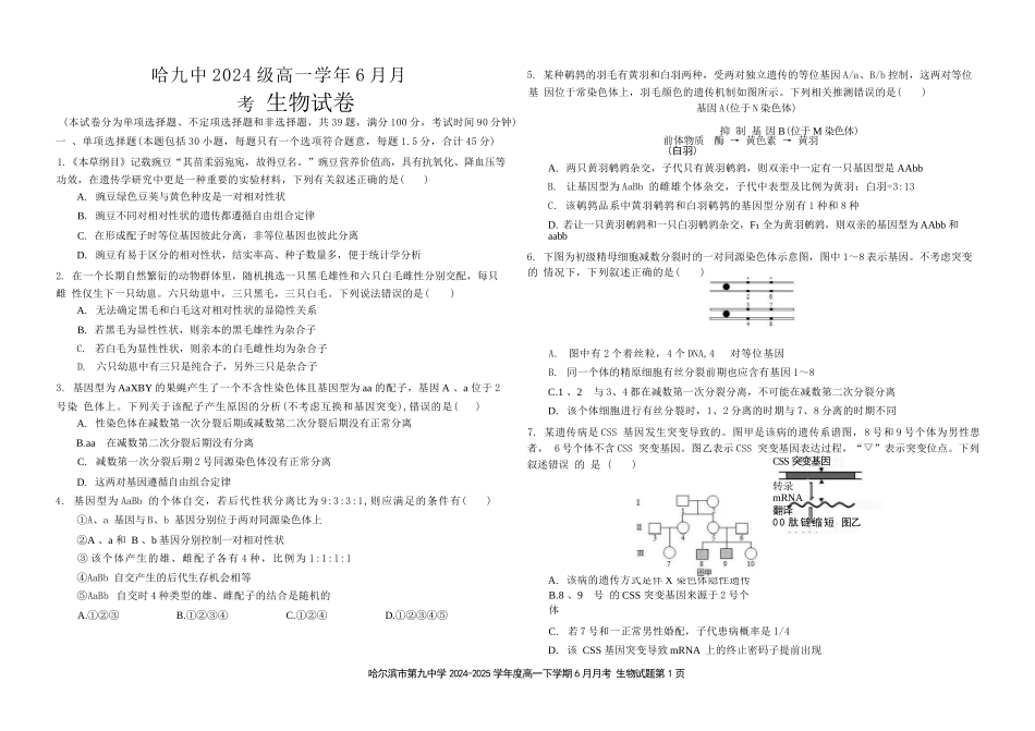 生物试卷【黑龙江名校】【黑吉辽蒙卷】【高一】黑龙江省哈九中2024级（2027届）高一下学期6月月考（6.18-6.19）.docx_第1页