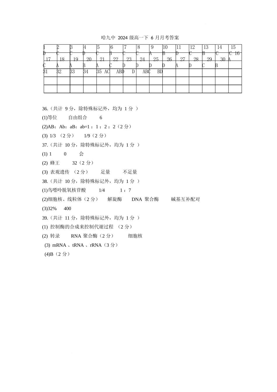 生物试卷答案【黑龙江名校】【黑吉辽蒙卷】【高一】黑龙江省哈九中2024级（2027届）高一下学期6月月考（6.18-6.19）.docx_第1页