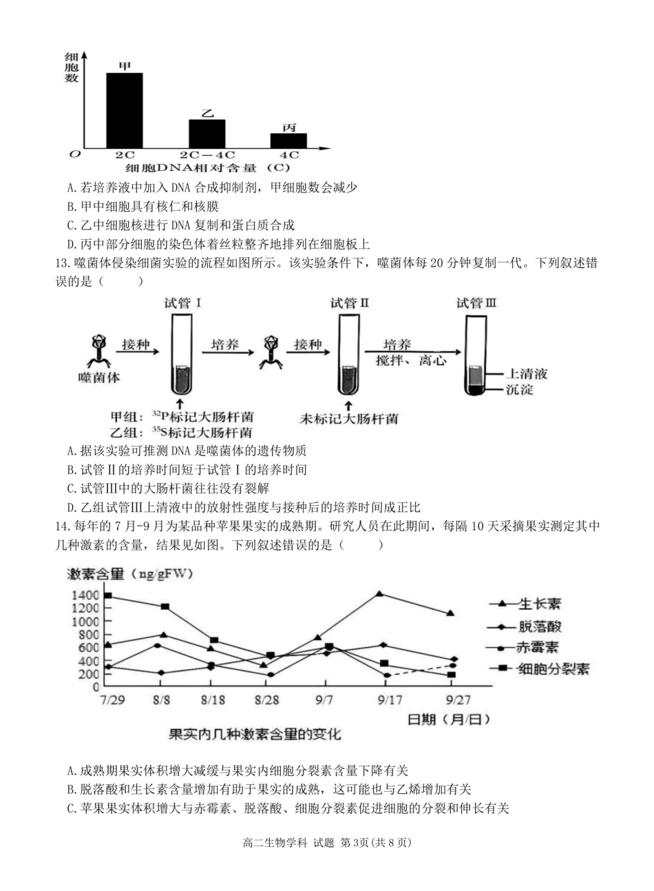 生物试题卷【浙江卷】【高二】浙江省2024学年第二学期温州市环大罗山联盟2024-2025高二下期末联考（6.23-6.25）.pdf_第3页