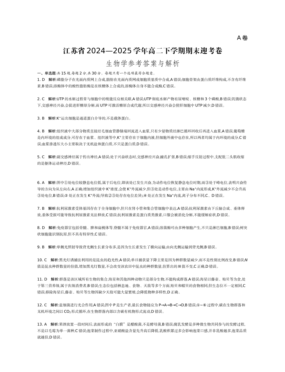 生物试题卷答案【江苏卷】【高二】江苏省部分高中2024-2025学年高二下学期期末迎考卷（6.13-6.14）.docx_第1页