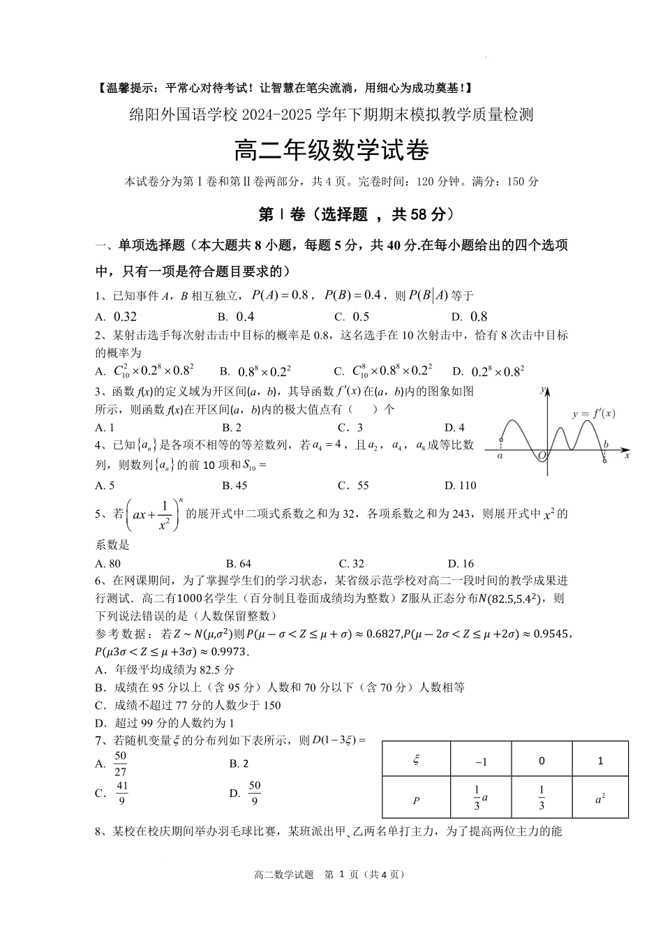 四川省绵阳外国语学校2024-2025学年高二下学期期末模拟考试数学试题.pdf_第1页