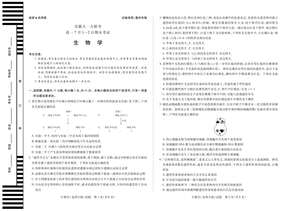 天一大联考安徽省2024-2025学年（下）高一年级期末考试生物学(亳州专版)徽高一7月期末试卷.pdf_第1页
