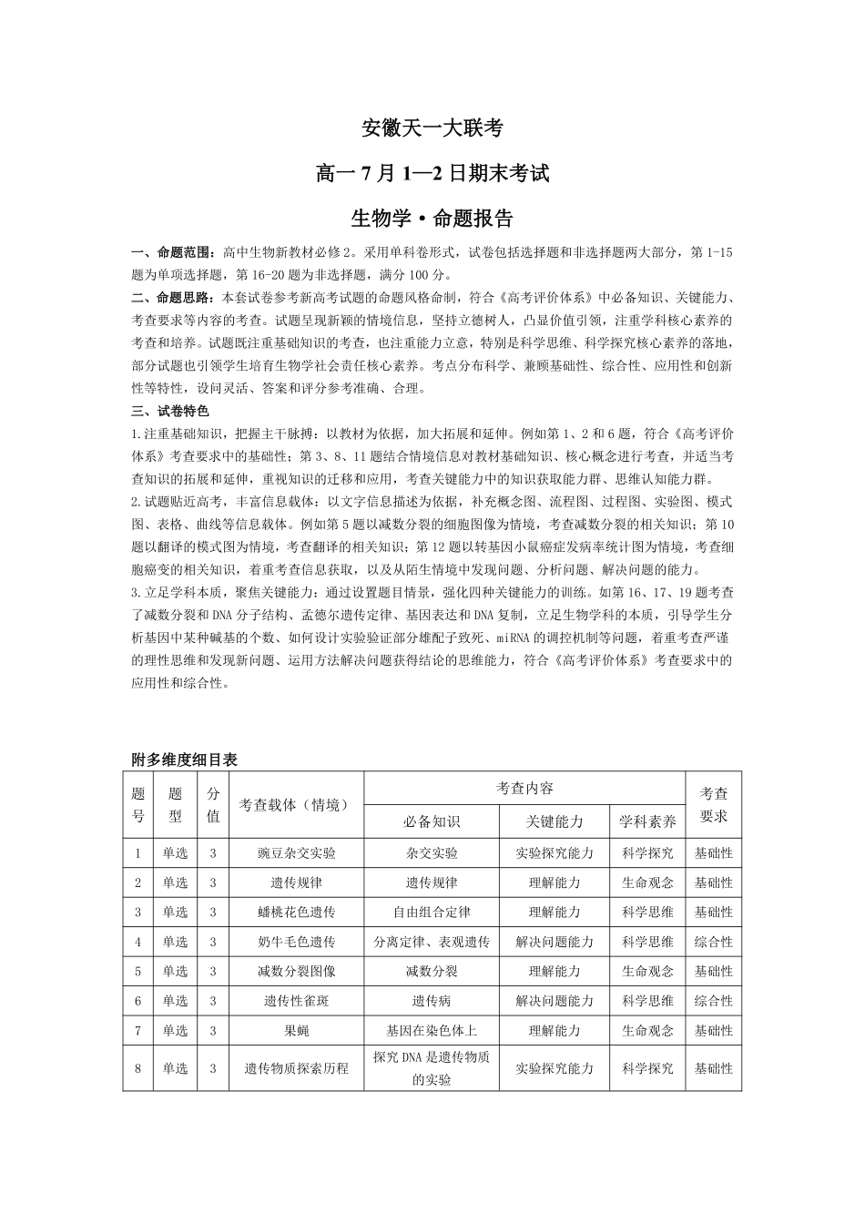 天一大联考安徽省2024-2025学年（下）高一年级期末考试生物学安徽高一7月1-2日期末考试命题报告.pdf_第1页