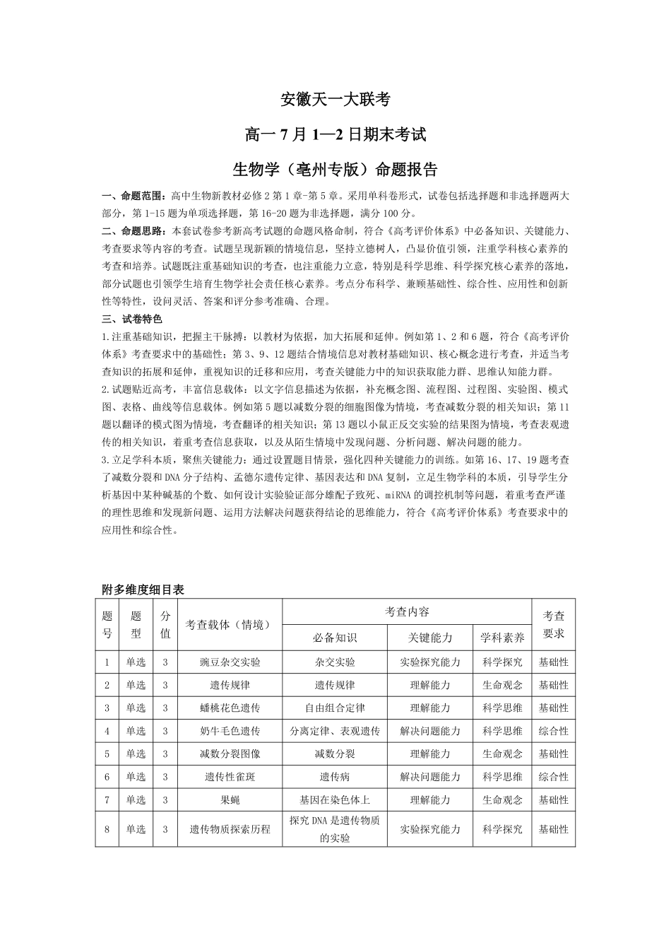 天一大联考安徽省2024-2025学年（下）高一年级期末考试生物学亳州专版安徽高一7月1-2日期末考试命题报告.pdf_第1页