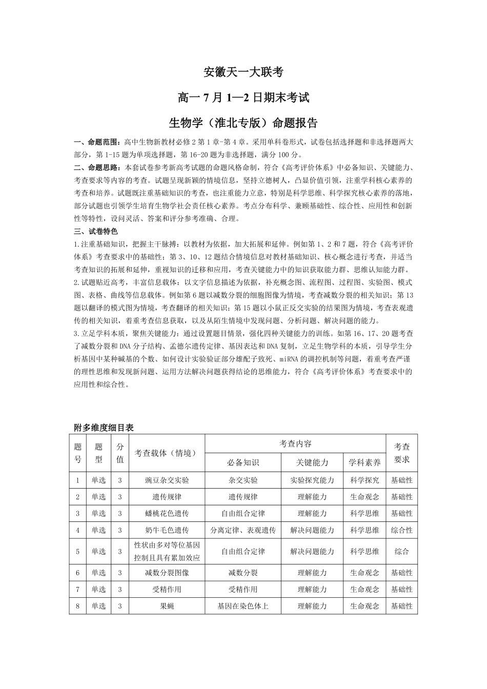 天一大联考安徽省2024-2025学年（下）高一年级期末考试生物学淮北专版安徽高一7月1-2日期末考试命题报告.pdf_第1页