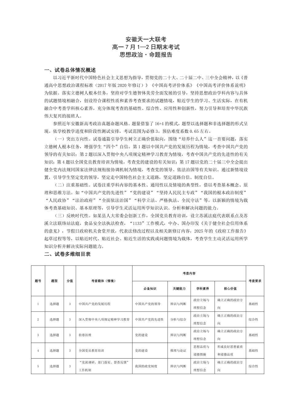 天一大联考安徽省2024-2025学年（下）高一年级期末考试思想政治安徽高一7月1-2日期末考试命题报告.pdf_第1页