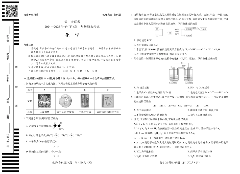 天一大联考河南省2024-2025学年（下）高一年级期末考试化学鲁科版高一下期末试卷.pdf_第1页