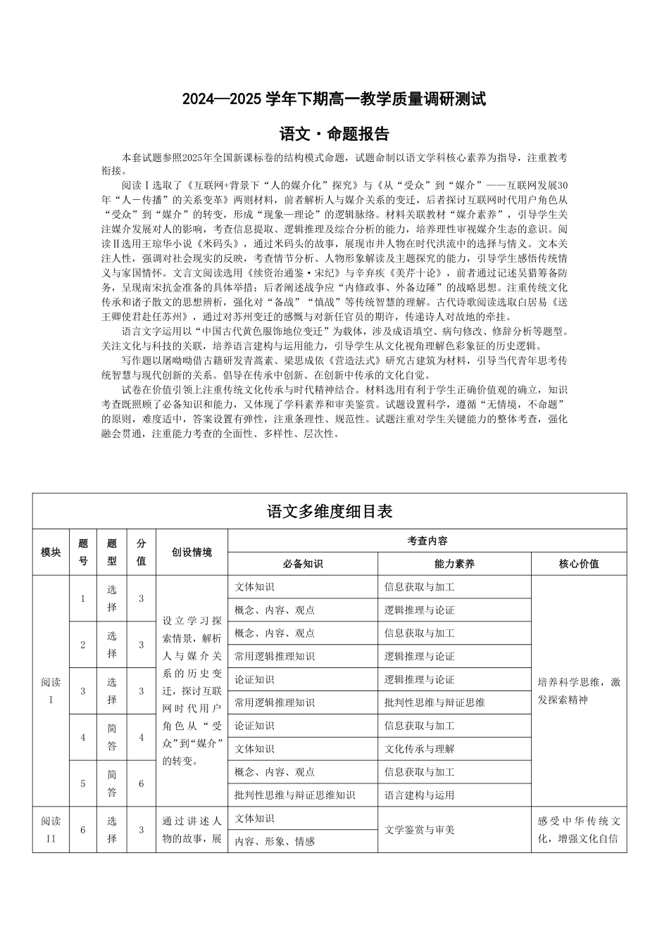 天一大联考河南省鹤壁市2024-2025学年下学期高一教学质量调研测试新语文鹤壁高一下教学质量调研测试命题报告.pdf_第1页