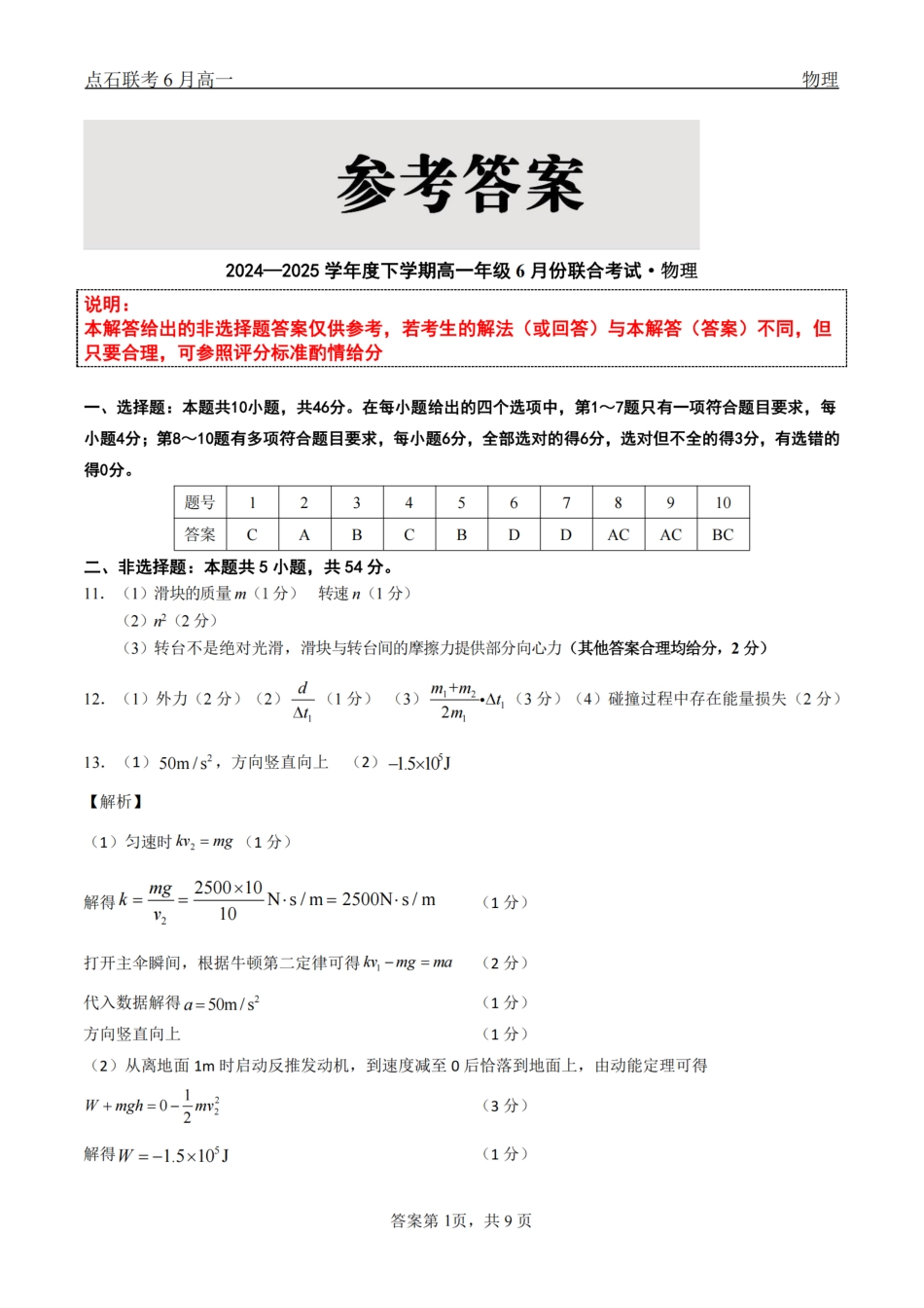物理试卷答案【黑吉辽蒙卷】【高一】辽宁省点石联考2024-2025学年度下学期高一年级6月份联合考试(6.16-6.17).pdf_第1页