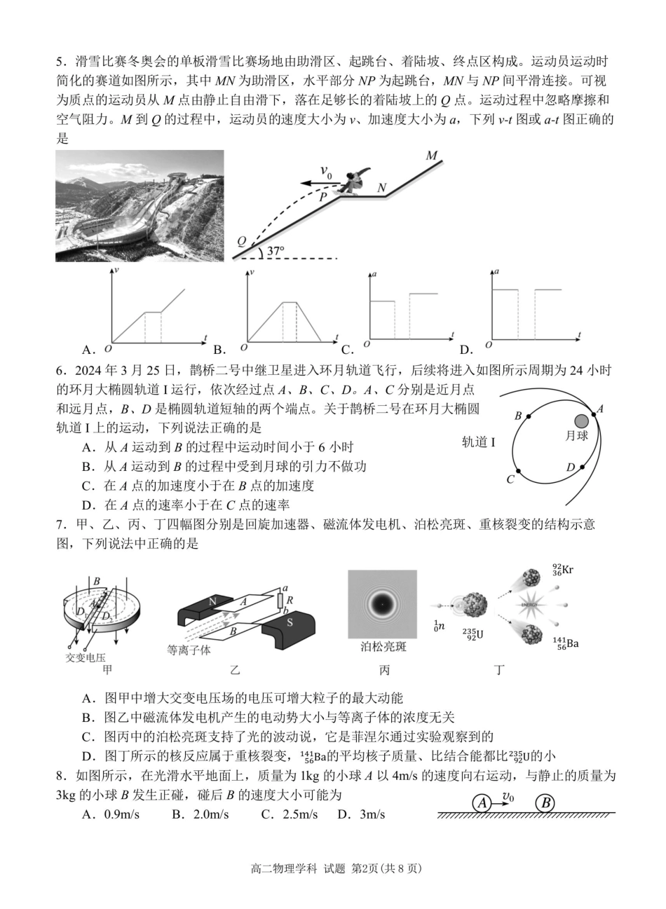 物理试题卷【浙江卷】【高二】浙江省2024学年第二学期温州市环大罗山联盟2024-2025高二下期末联考（6.23-6.25）.pdf_第2页