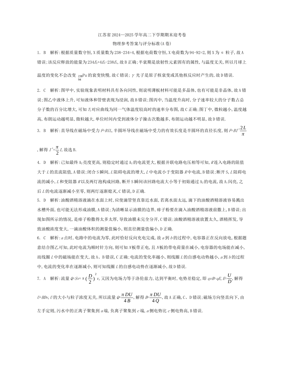 物理试题卷答案【江苏卷】【高二】江苏省部分高中2024-2025学年高二下学期期末迎考卷（6.13-6.14）.docx_第1页