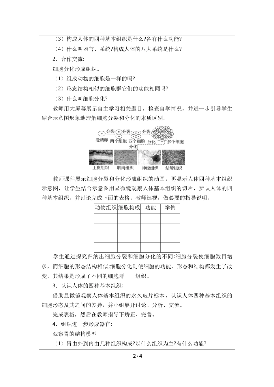 生物人教版2024版七年级上册1.3.2动物体的结构层次教学教案02.docx_第2页