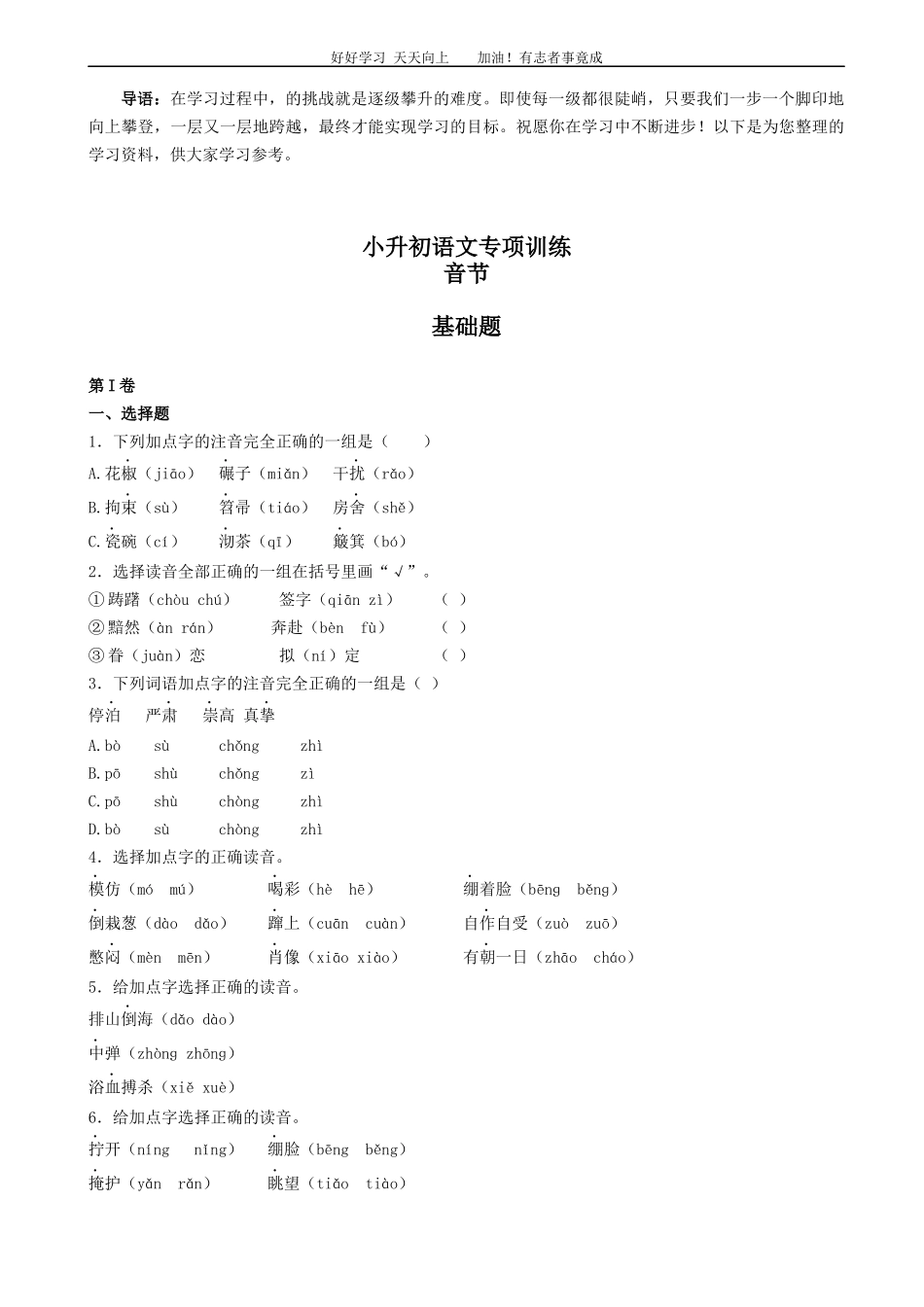 小升初语文专项训练：音节基础题有答案word版，16页.docx_第1页