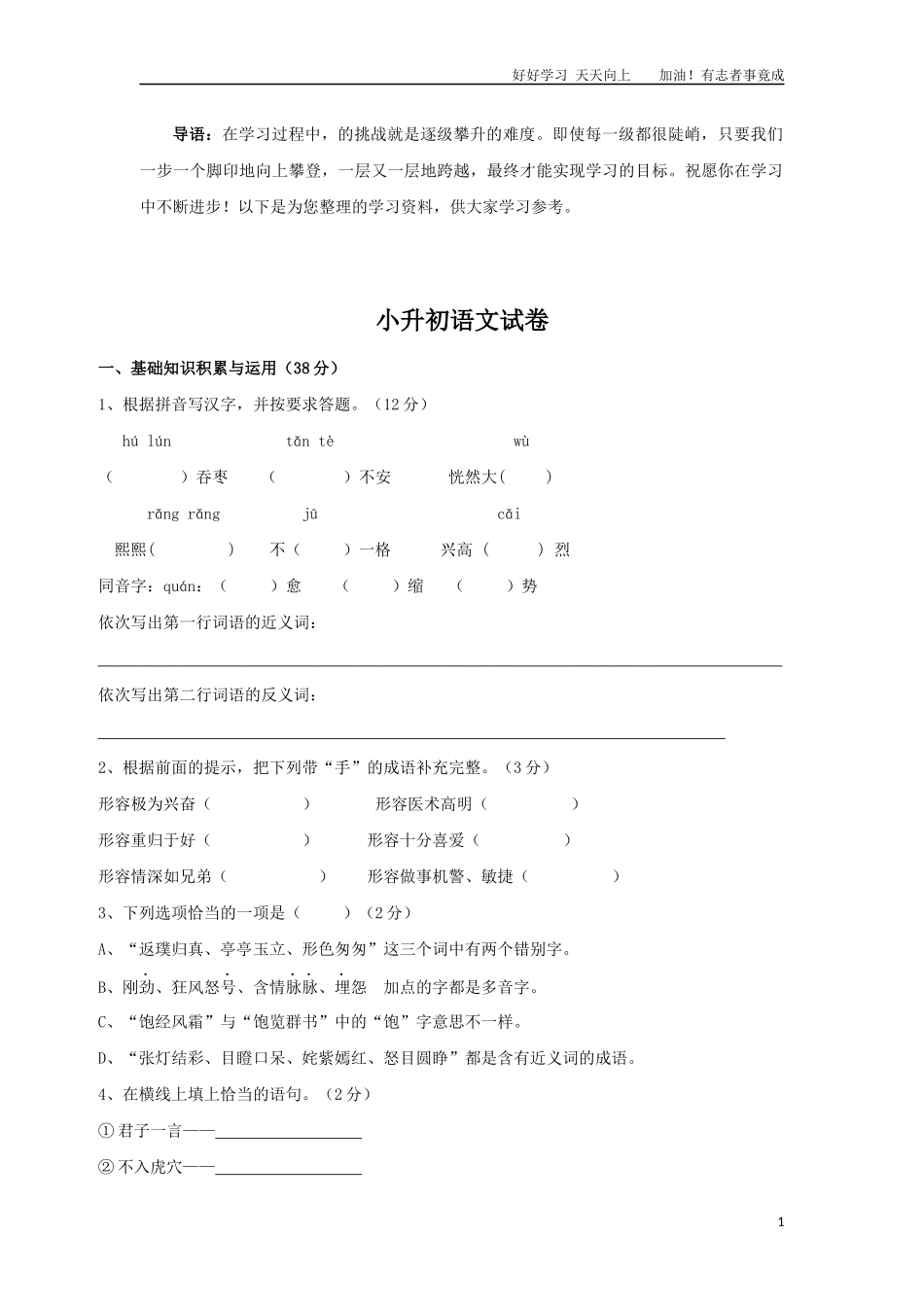 小升初语文模拟检测考试及答案.docx_第1页