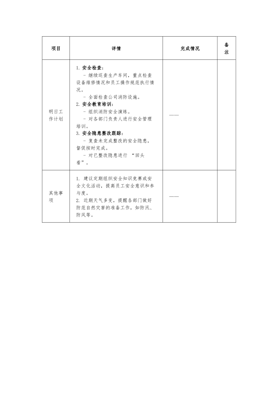 公司安全管理人员每日工作汇报表.docx_第2页