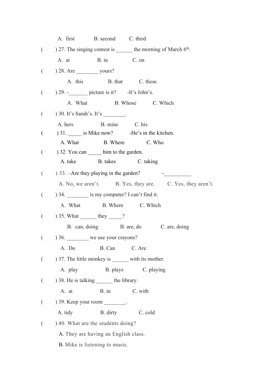 五年级下册英语期末专项卷单选人教PEP版-含答案.pdf_第3页