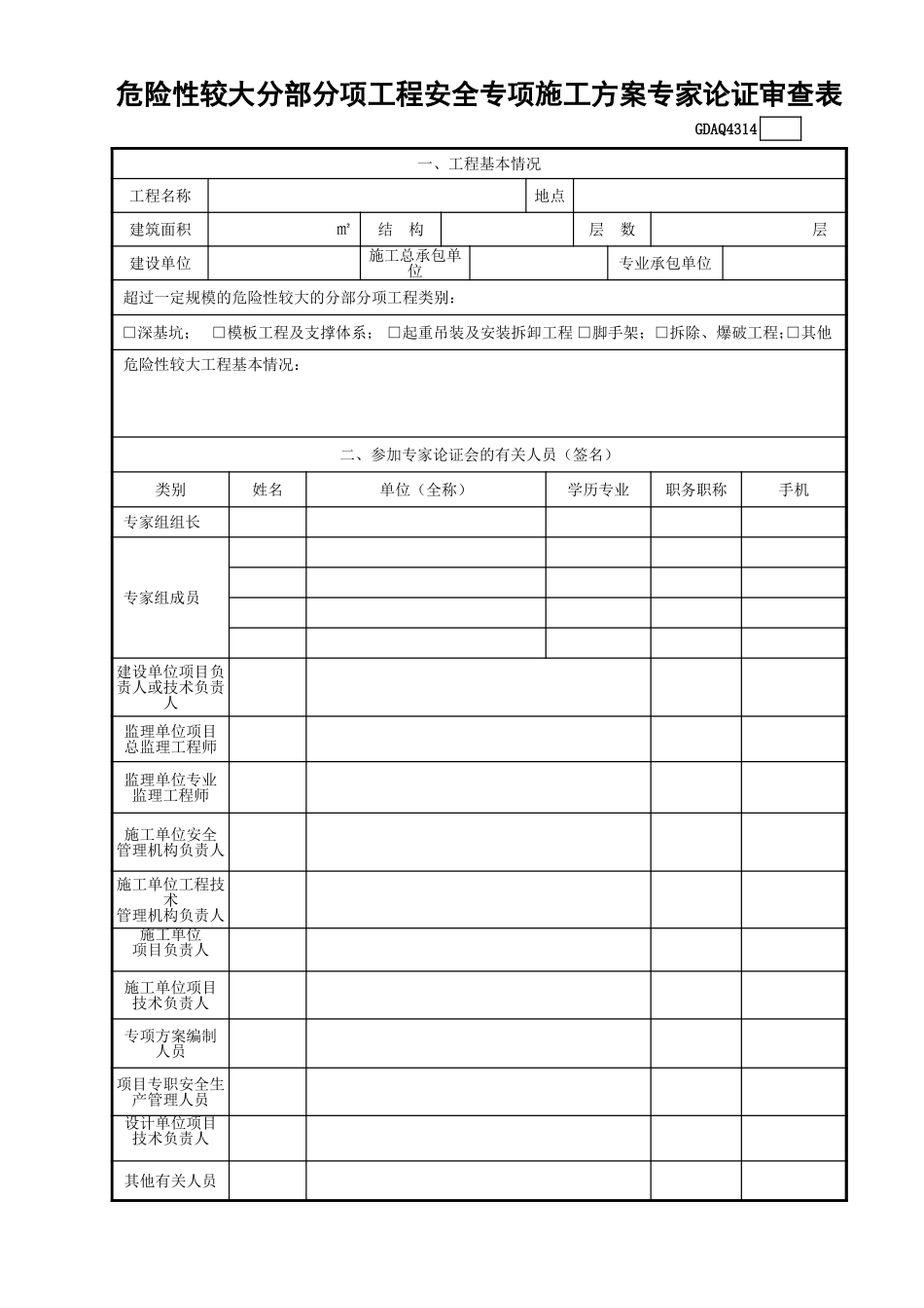 GDAQ4314危险性较大分部分项工程安全专项施工方案专家论证审查表.xls_第1页