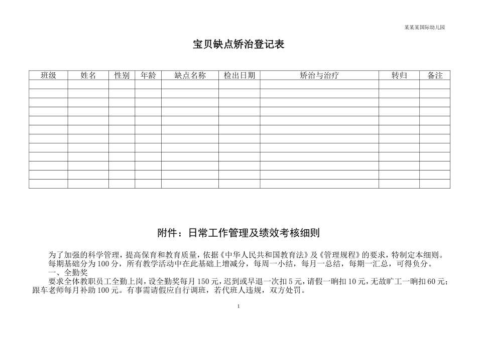 幼儿园常用表格-幼儿缺点矫治记录附-日常工作管理及绩效考核细则.doc_第1页