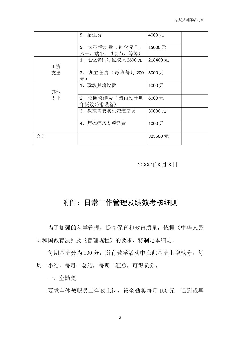 幼儿园常用表格-幼儿园经费预算报告附-日常工作管理及绩效考核细则.docx_第2页