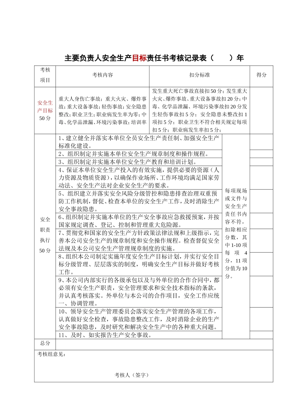 安全生产目标责任书考核记录.doc_第1页