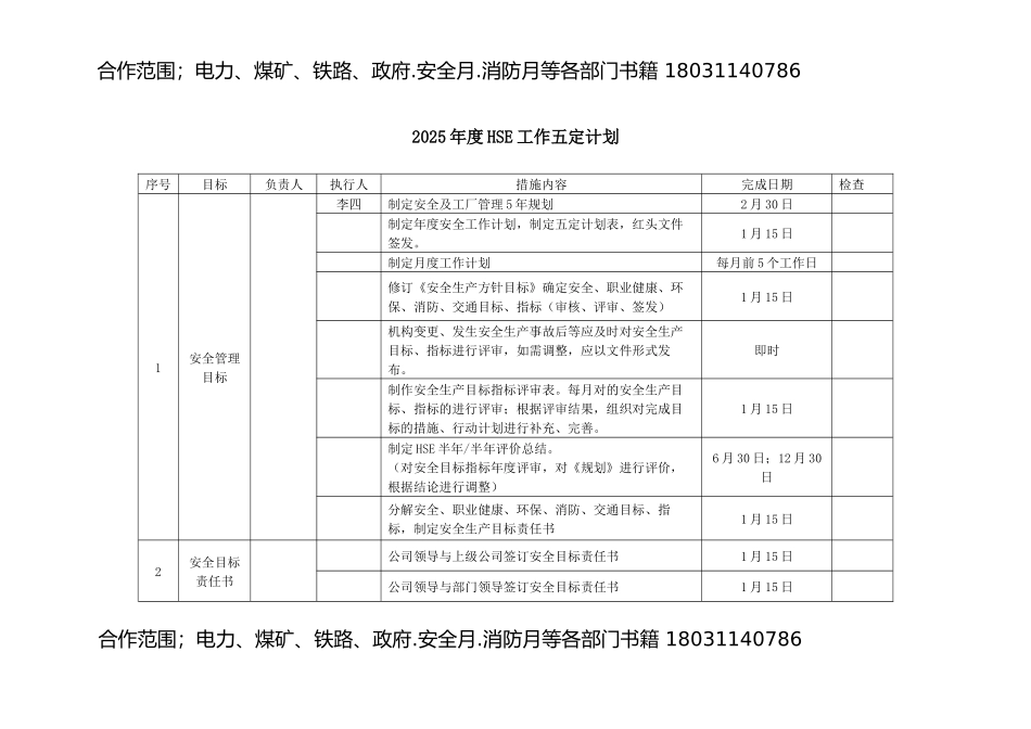 2025年度公司HSE工作五定计划.docx_第1页
