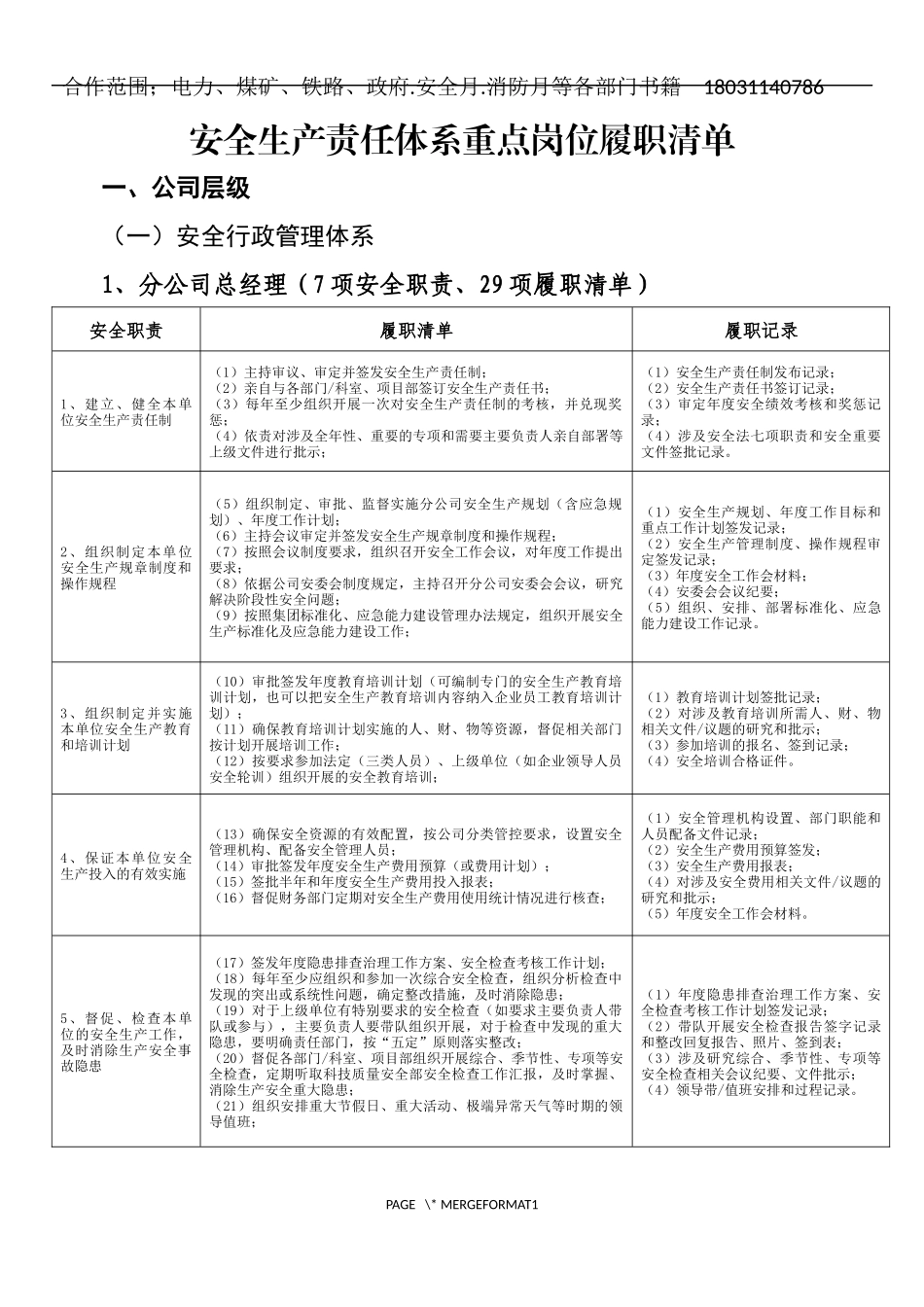 安全生产重点岗位履职清单.docx_第1页