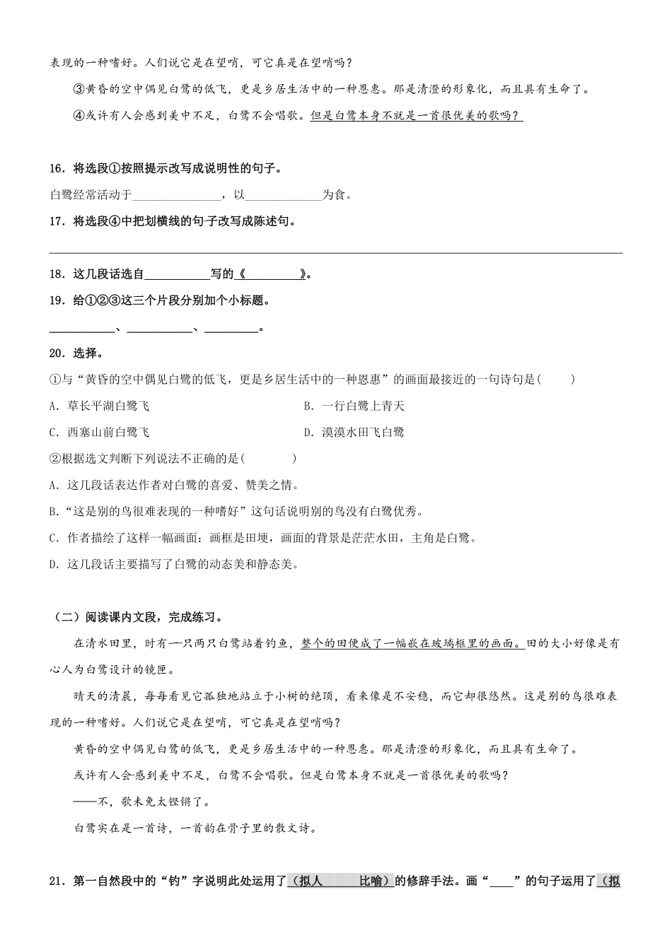 有答案-人教部编版五年级语文上册第01课《白鹭》精品配套练习基础+阅读部编版五年级上册.pdf_第3页