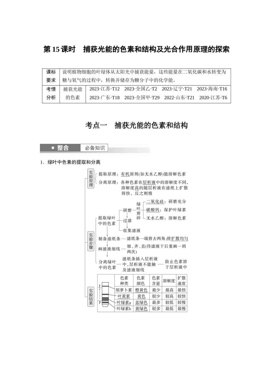 2026创新设计高考总复习生物（人教版）-第三单元　第15课时　捕获光能的色素和结构及光合作用原理的探索.docx_第1页