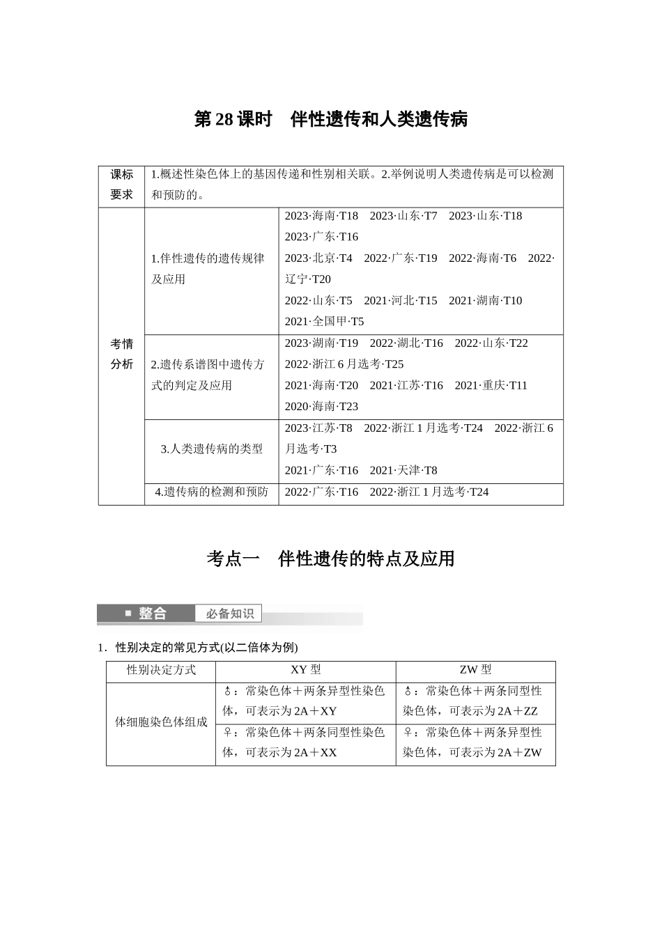 2026创新设计高考总复习生物（人教版）-第五单元　第28课时　伴性遗传和人类遗传病.docx_第1页