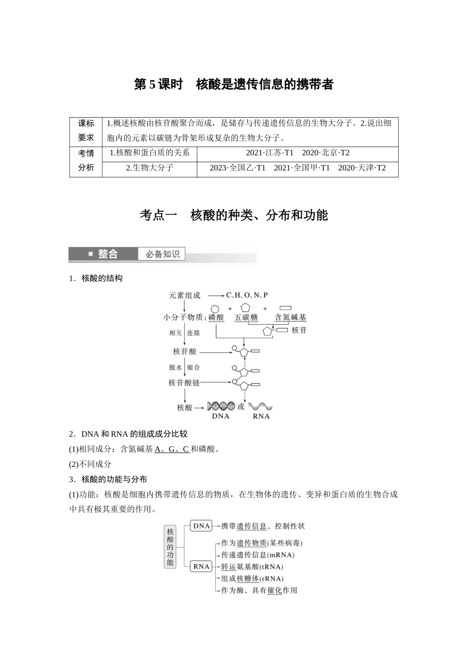 2026创新设计高考总复习生物（人教版）-第一单元　第5课时　核酸是遗传信息的携带者.docx_第1页
