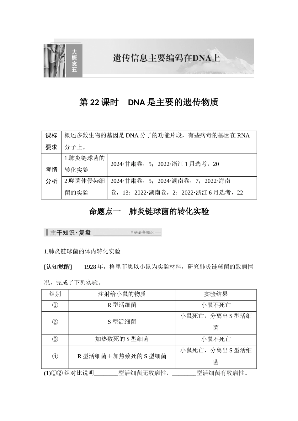 2026创新设计高考总复习生物（人教版）教师用-第22课时  DNA是主要的遗传物质.docx_第1页