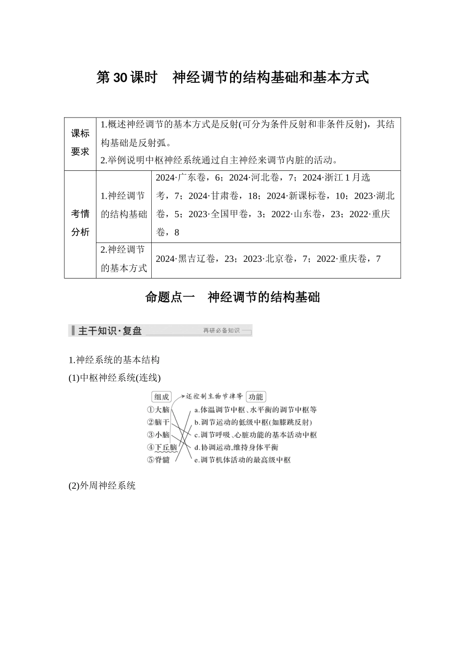 2026创新设计高考总复习生物（人教版）教师用-第30课时  神经调节的结构基础和基本方式.docx_第1页