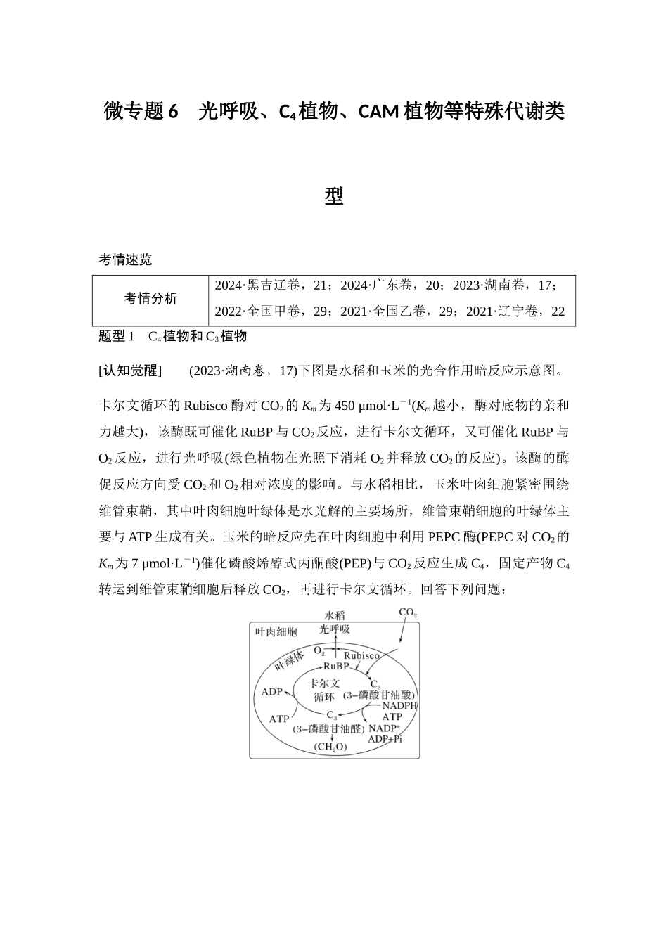 2026创新设计高考总复习生物（人教版）教师用-微专题6  光呼吸、C4植物、CAM植物等特殊代谢类型.docx_第1页