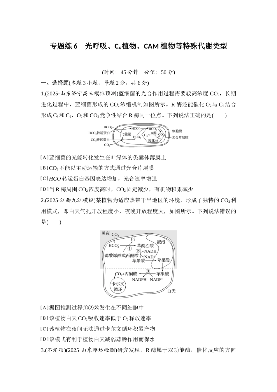 2026创新设计高考总复习生物（人教版）强化练习-专题练6  光呼吸、C4植物、CAM植物等特殊代谢类型.docx_第1页