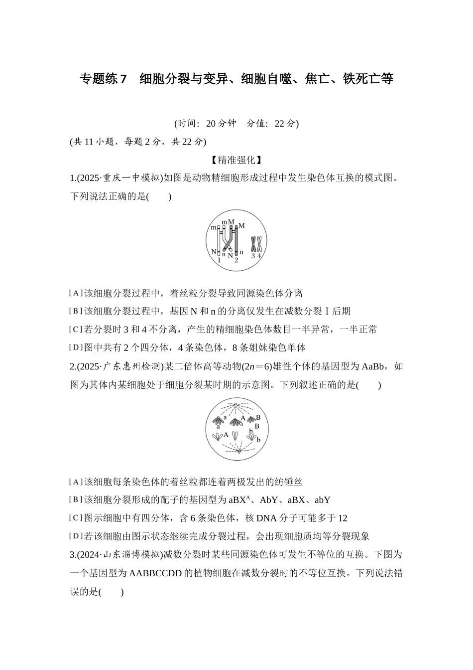 2026创新设计高考总复习生物（人教版）强化练习-专题练7  细胞分裂与变异、细胞自噬、焦亡、铁死亡等.docx_第1页