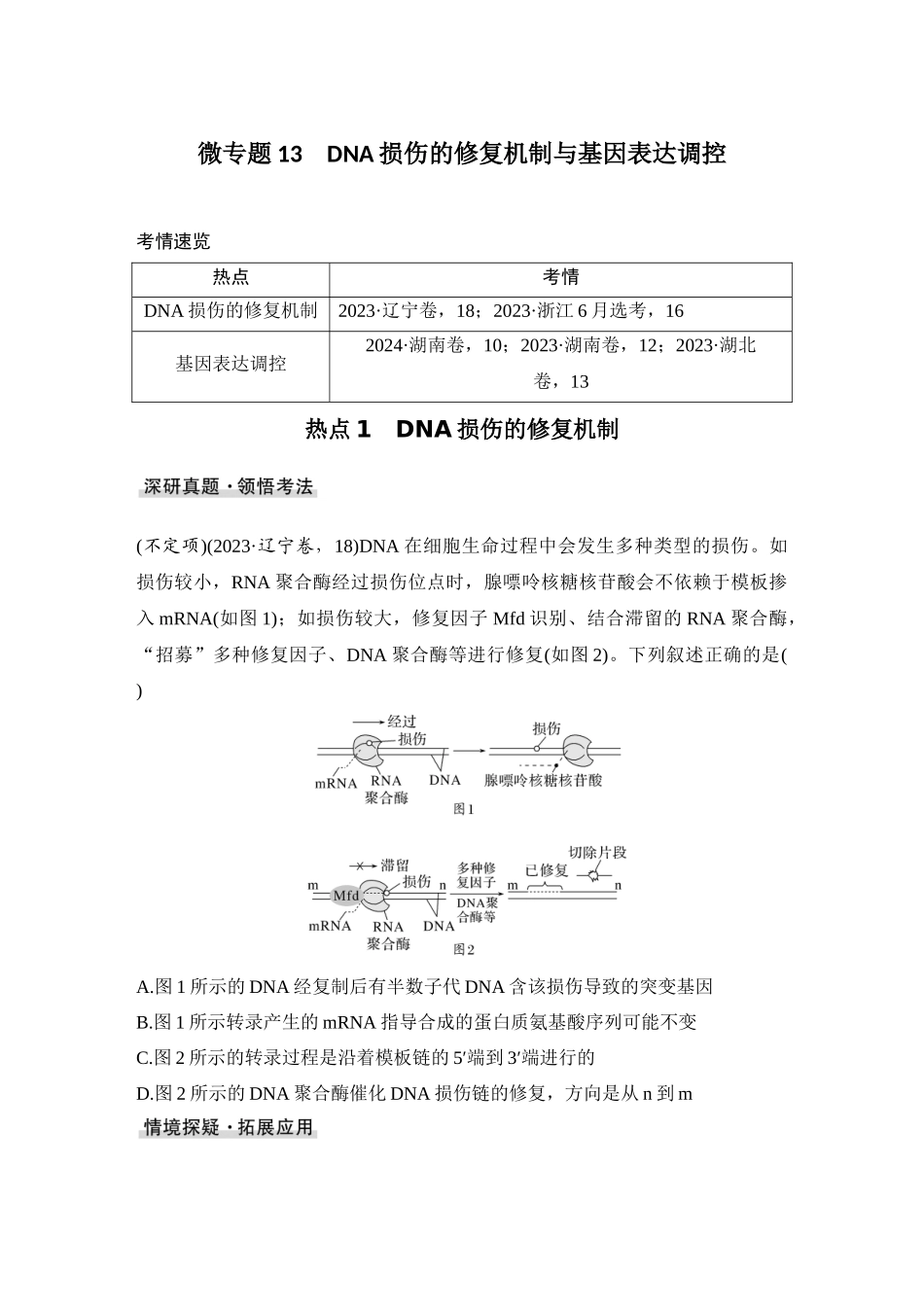 2026创新设计高考总复习生物（人教版）学生用-微专题13  DNA损伤的修复机制与基因表达调控.docx_第1页