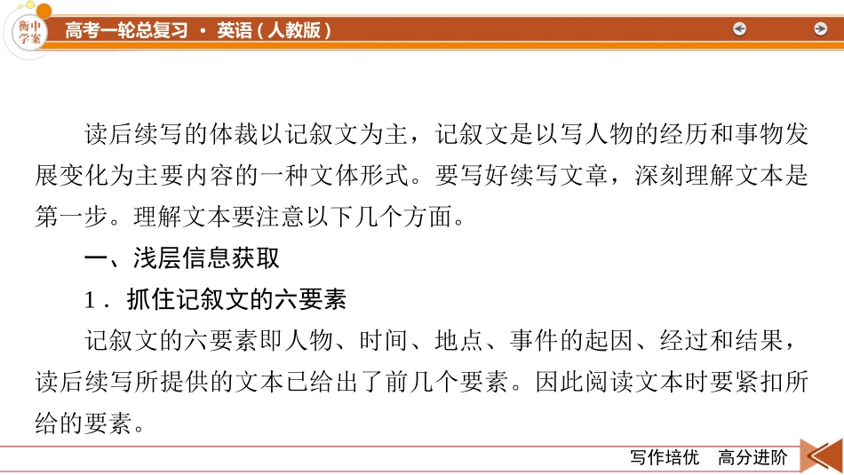 2026年衡中学案高考一轮总复习英语（人教版）-写作培优　高分进阶　第2部分　第2讲　续写文本解读.pptx_第3页