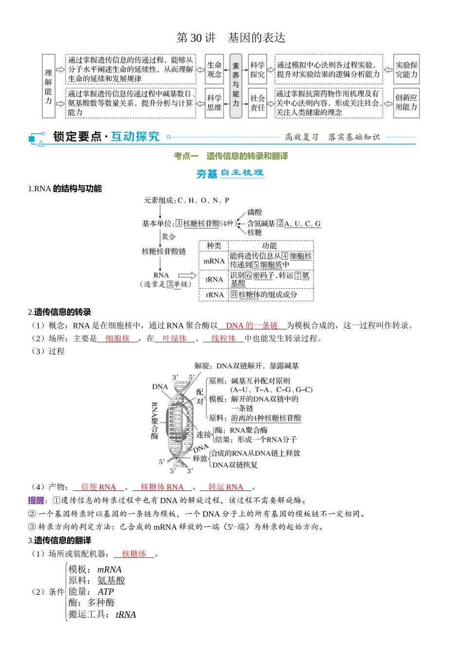 2026年三维设计一轮高中总复习生物-第30讲　基因的表达.docx_第1页