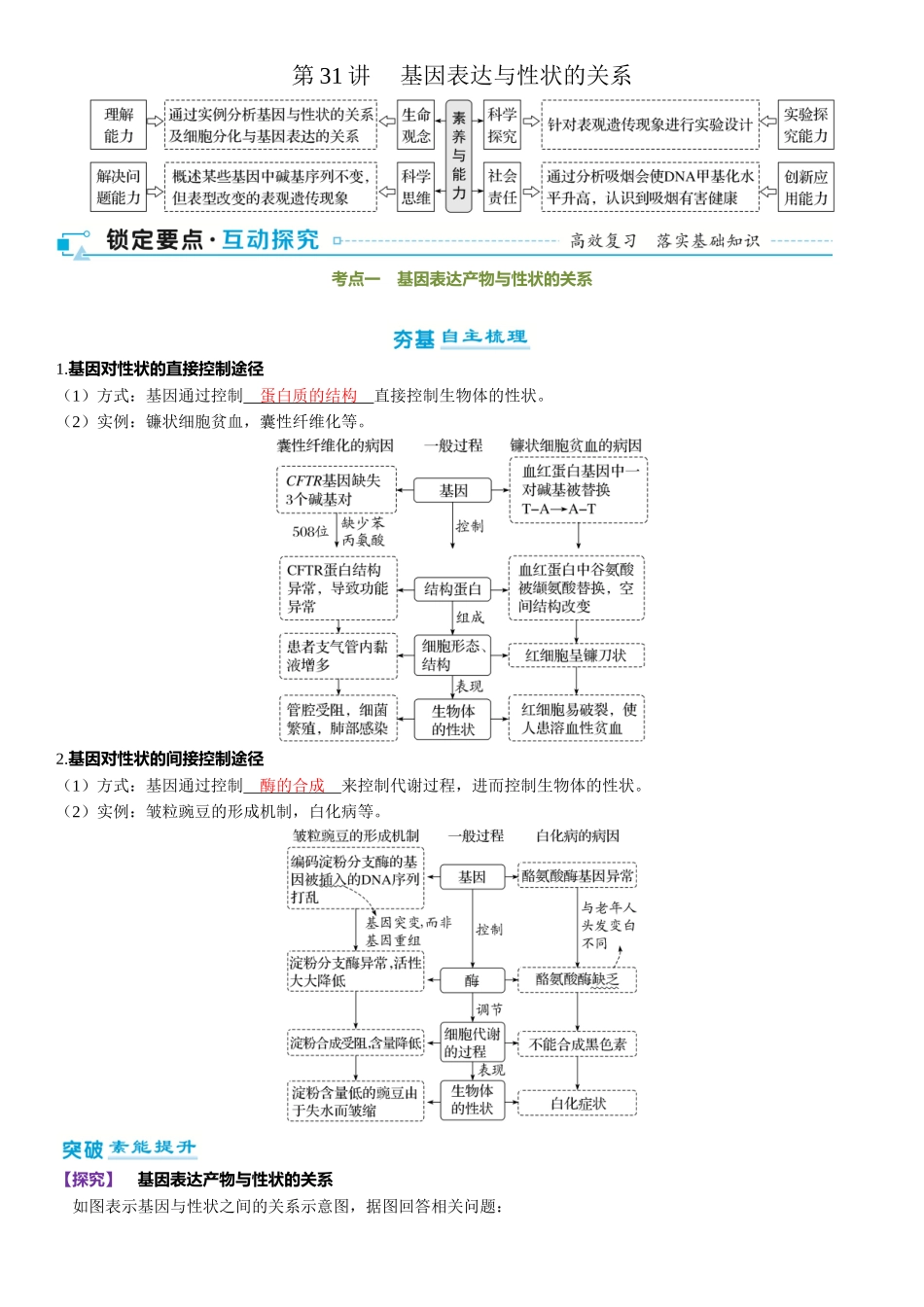 2026年三维设计一轮高中总复习生物-第31讲　 基因表达与性状的关系.docx_第1页