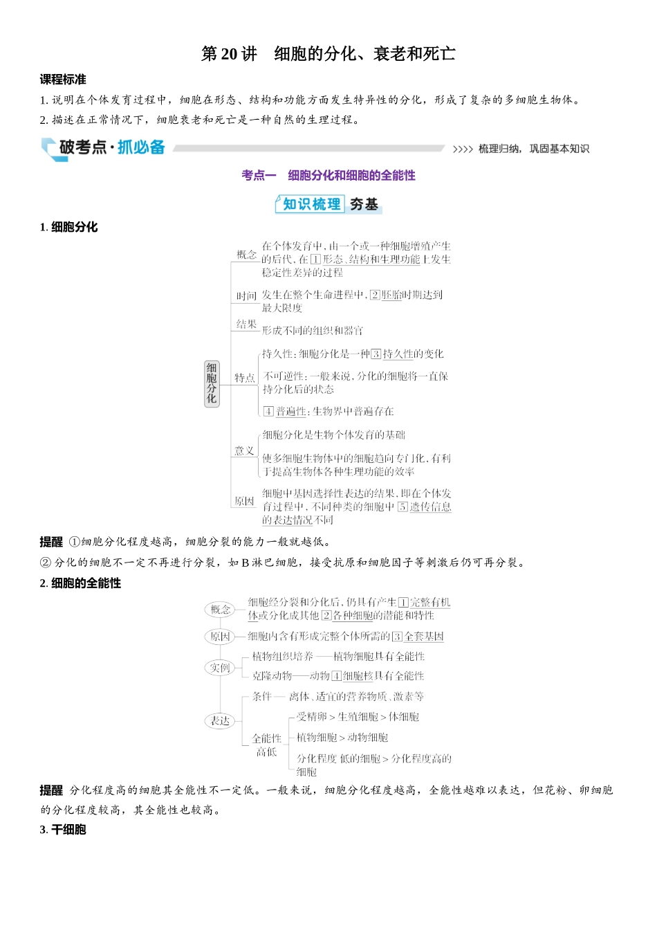 2026年三维设计一轮高中总复习生物教师用-第20讲　细胞的分化、衰老和死亡.docx_第1页