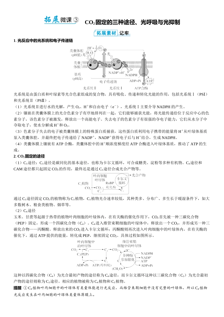 2026年三维设计一轮高中总复习生物教师用-拓展微课3　 CO2固定的三种途径、光呼吸与光抑制.docx_第1页
