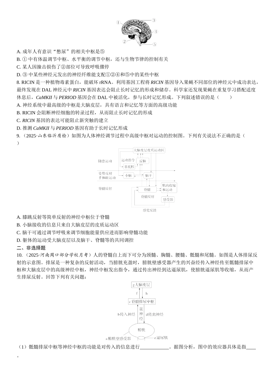 2026年三维设计一轮高中总复习生物课时跟踪检测-第38讲　神经系统的分级调节及人脑的高级功能.docx_第2页