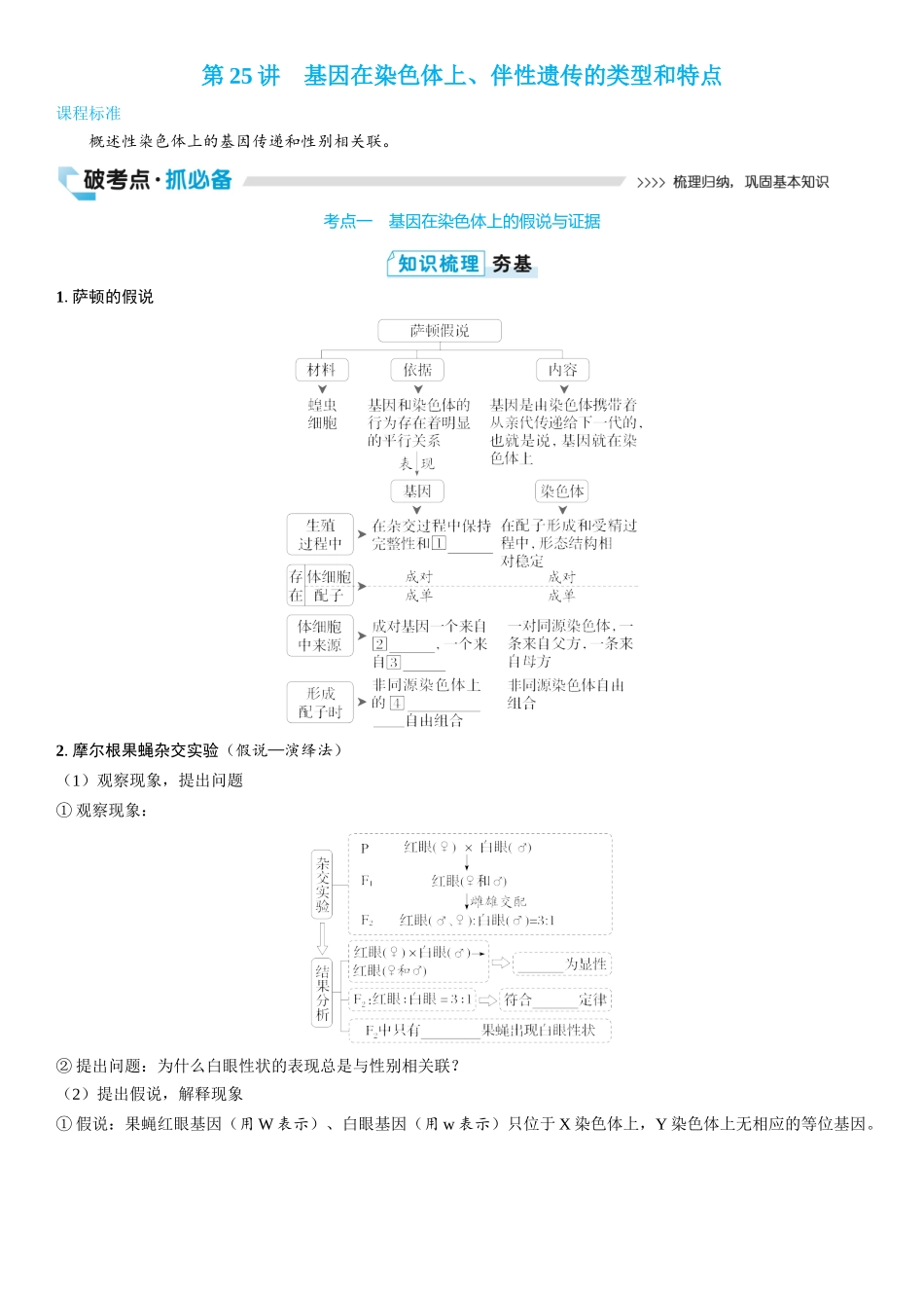 2026年三维设计一轮高中总复习生物学生用-第25讲　基因在染色体上、伴性遗传的类型和特点.docx_第1页