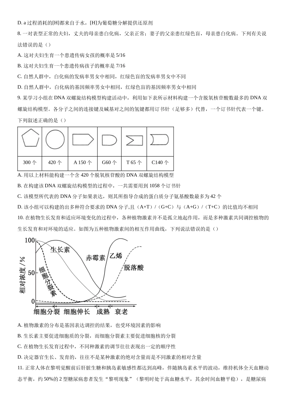 安徽省阜阳市2023—2024学年高三下学期开学教学质量统测生物试题（原卷版）.docx_第3页