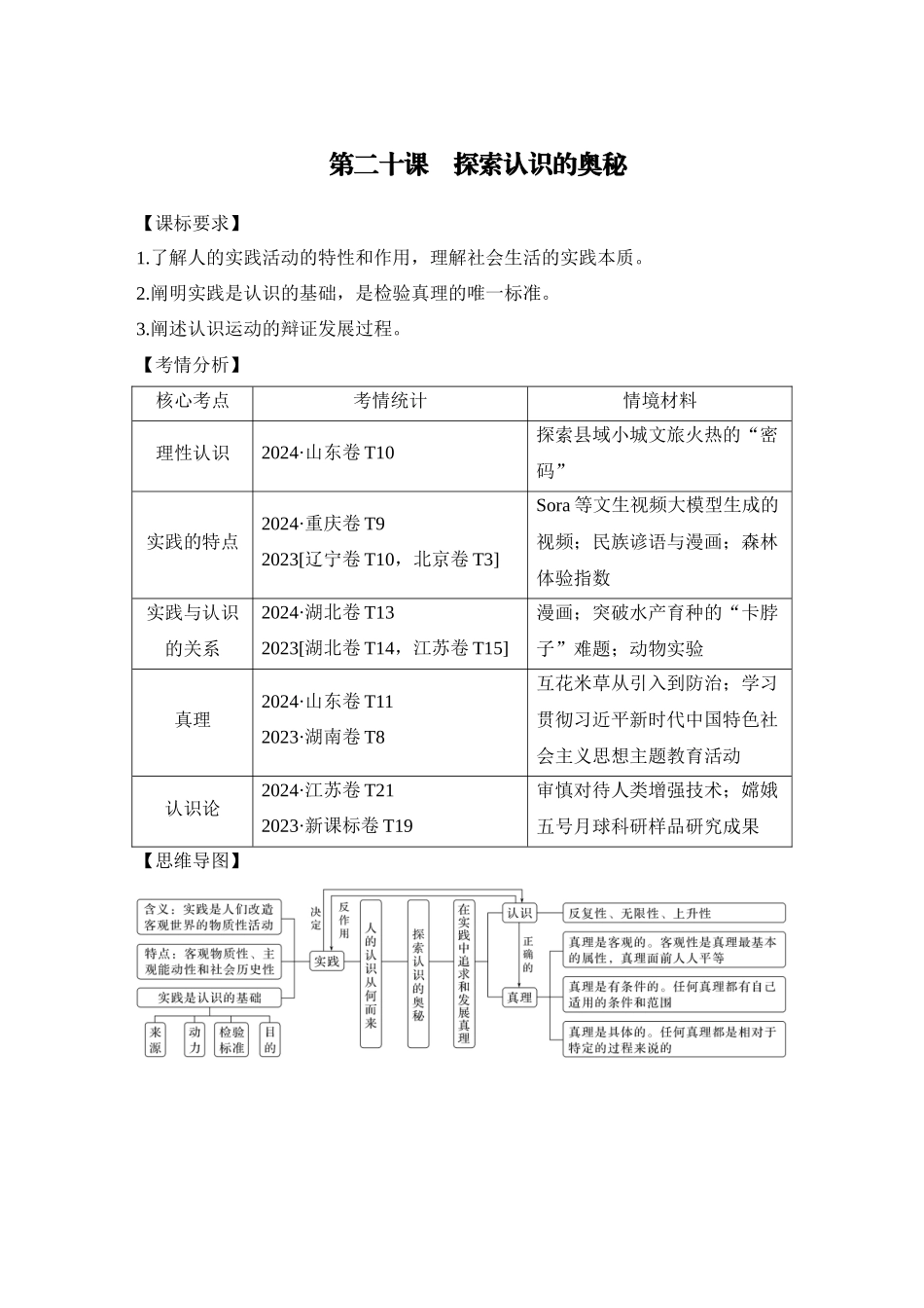 2026版创新设计高考总复习思想政治部编版学生用-第二十课　探索认识的奥秘.docx_第1页